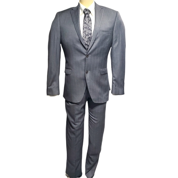 Tessuto Italiano Wool Suit 40 Reg x 36 Grey Baby Blue Chalkstripe - Picture 2 of 9
